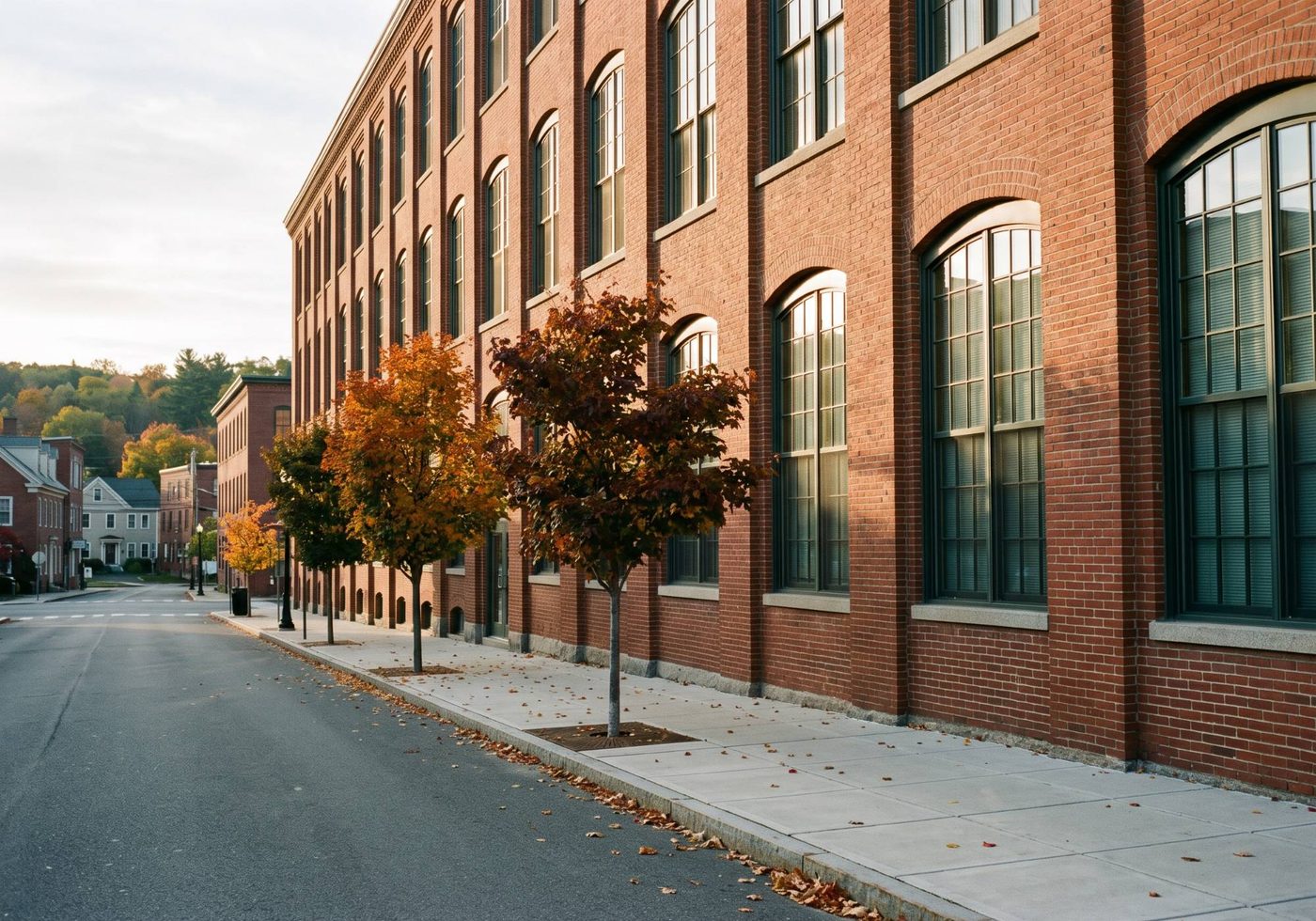 Restored red-brick mill building with large arched windows on a quiet Western Massachusetts street in autumn