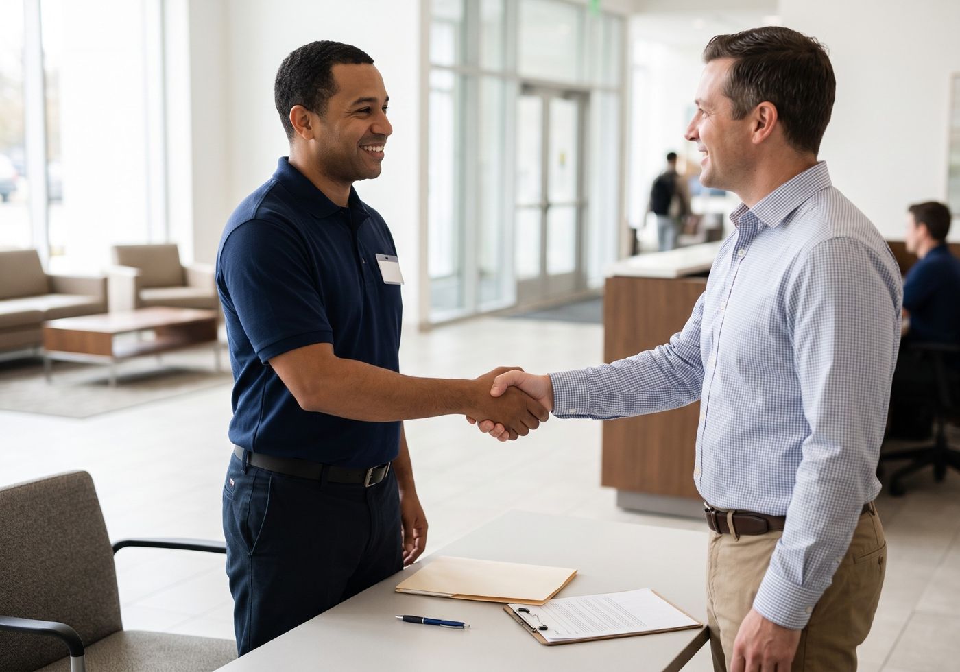 A uniformed New Clean crew member shaking hands with a facility manager in a building lobby