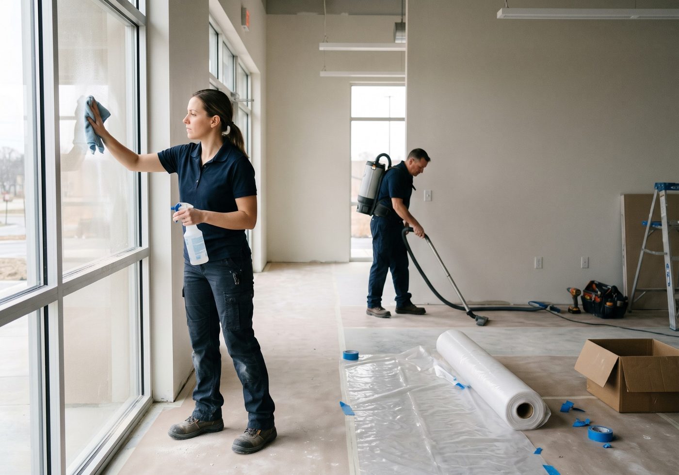 Two New Clean cleaners removing construction dust from windows and floors in a newly built commercial space