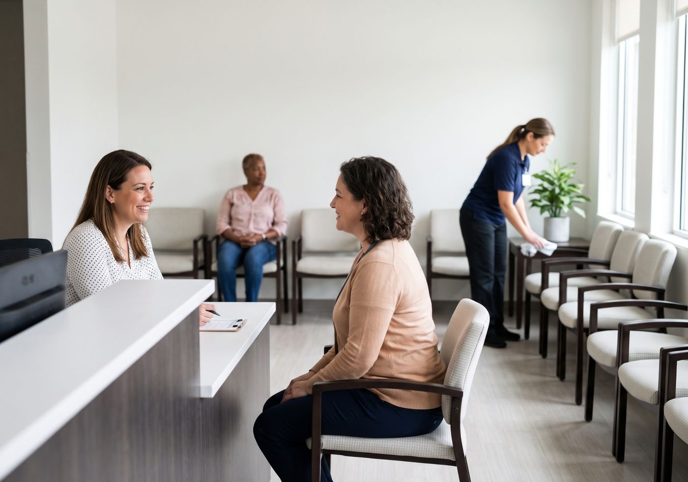 A clean medical office waiting room with a receptionist, a patient and a cleaner wiping a side table