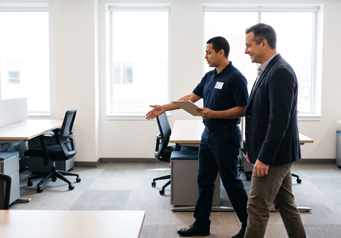 A uniformed New Clean team lead walks an empty office with a business owner during a free walkthrough